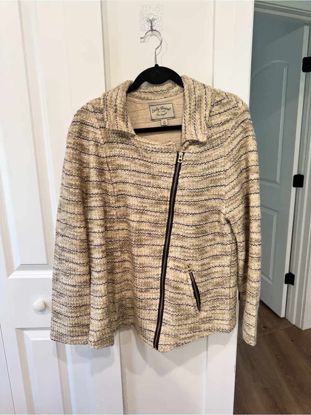 Lucky Brand Cream & Tan Striped Knit Asymmetrical Zip Jacket